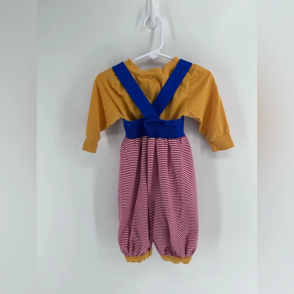9 month 1 - Busy Bee Smocks Blue & Mustard Truck‎ Appliqué Striped Overalls
